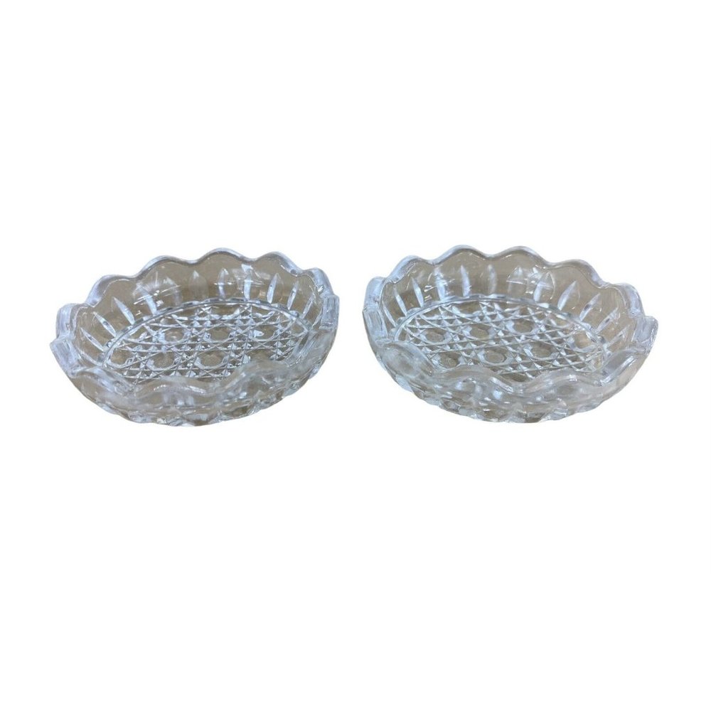 2 Midcentury Crystal Cut Glass Trinket Dishes Ashtrays Button Pattern Sawtooth